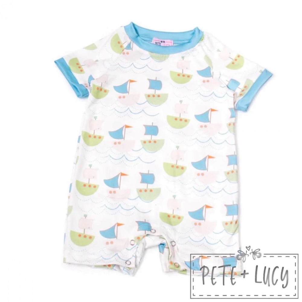 Pete + Lucy Come Swim With Me Romper Sailboat and Wave Print